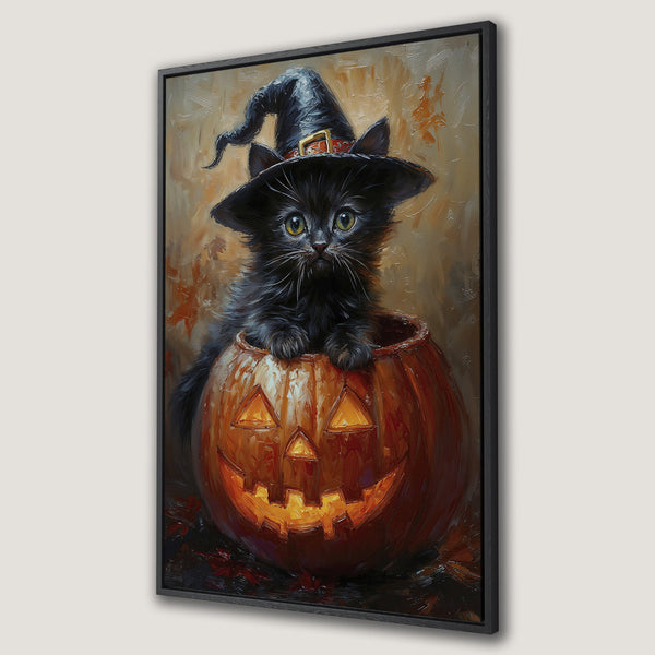 Framed Wall Art: Adorable black cat in a witch hat inside a glowing jack-o'-lantern. Warm, autumnal color palette. Perfect Halloween decor!