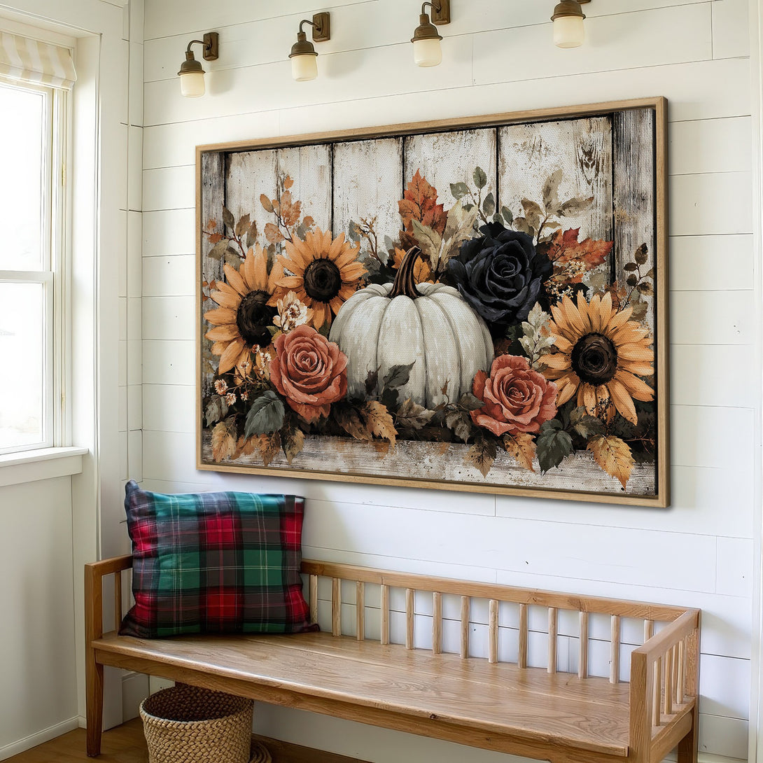 Framed Wall Art featuring a rustic floral arrangement with sunflowers, roses, and a pumpkin in warm autumn tones. Perfect for farmhouse decor.