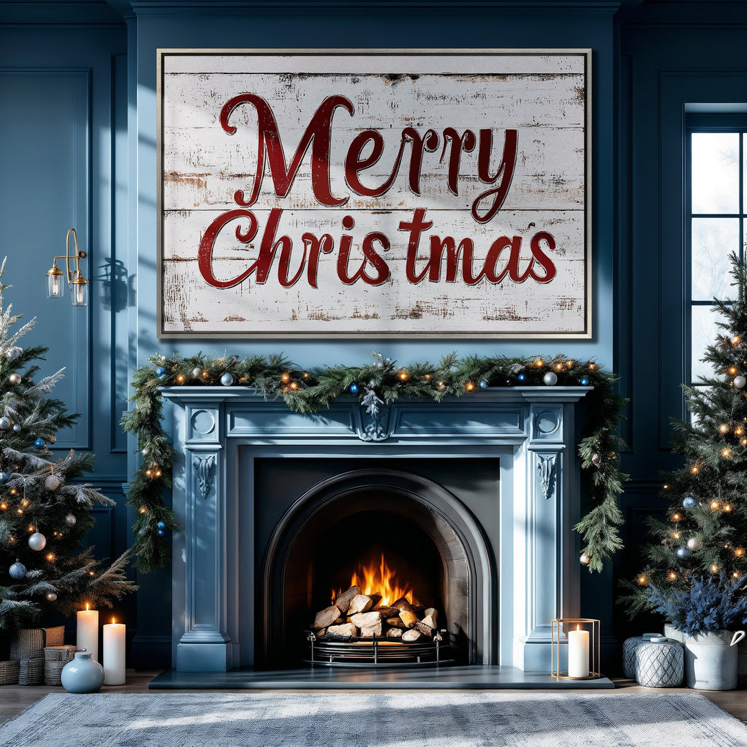 Framed Wall Art "Merry Christmas" on rustic wood, displayed in a cozy blue interior. Festive holiday decor with a warm, inviting atmosphere.