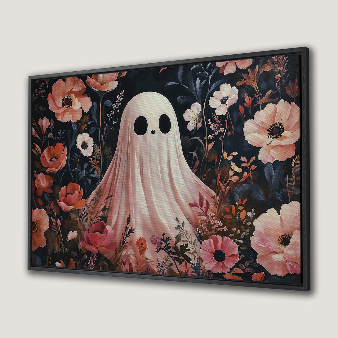 Framed Wall Art: Whimsical ghost in a floral garden. Soft pinks & reds pop against a dark backdrop. Perfect for adding a touch of spooky charm!