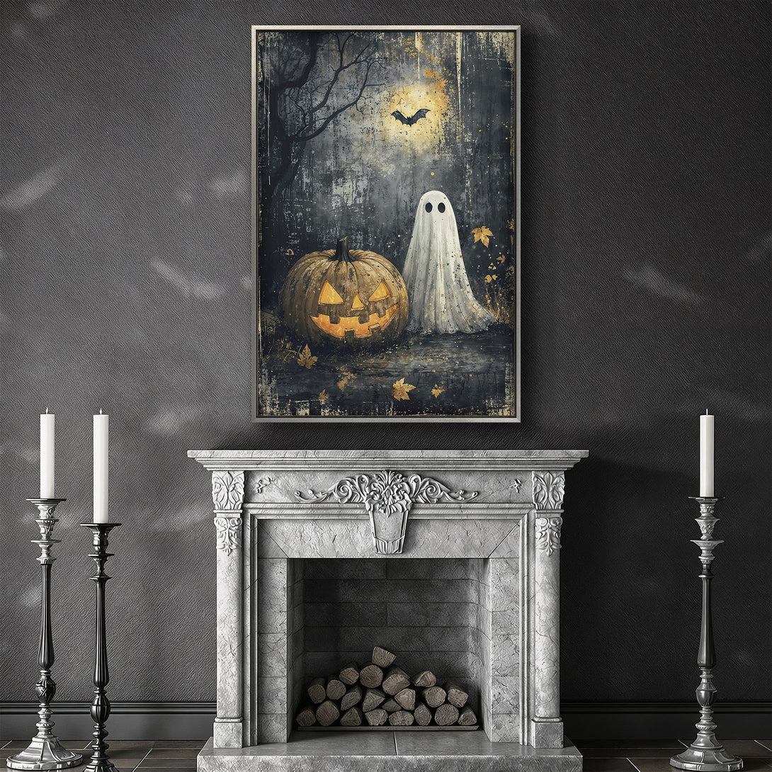 Framed Wall Art: Spooky Halloween scene with pumpkin & ghost in a dark, moody style. Neutral color palette with pops of gold. Perfect for seasonal decor!