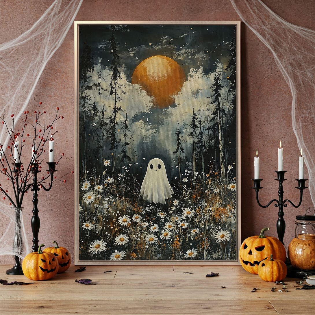 Framed Wall Art: Spooky ghost in forest painting with a warm color palette. Perfect Halloween decor, whimsical and inviting. Add art to your home!
