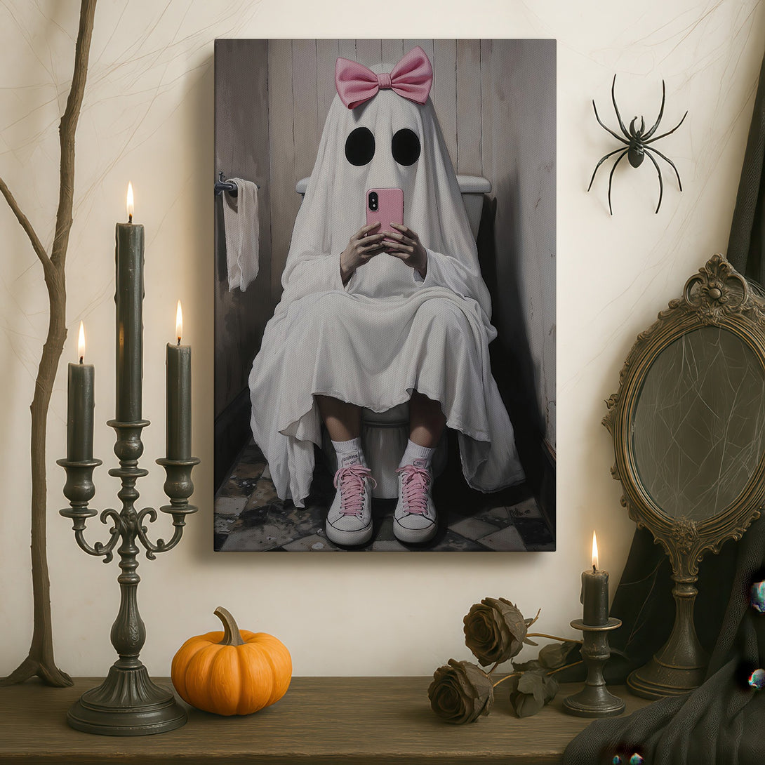 Framed Wall Art: Whimsical ghost portrait with pink bow, holding phone. Playful art in a luxury interior with warm brick tones and gold accents. Add a touch of fun!