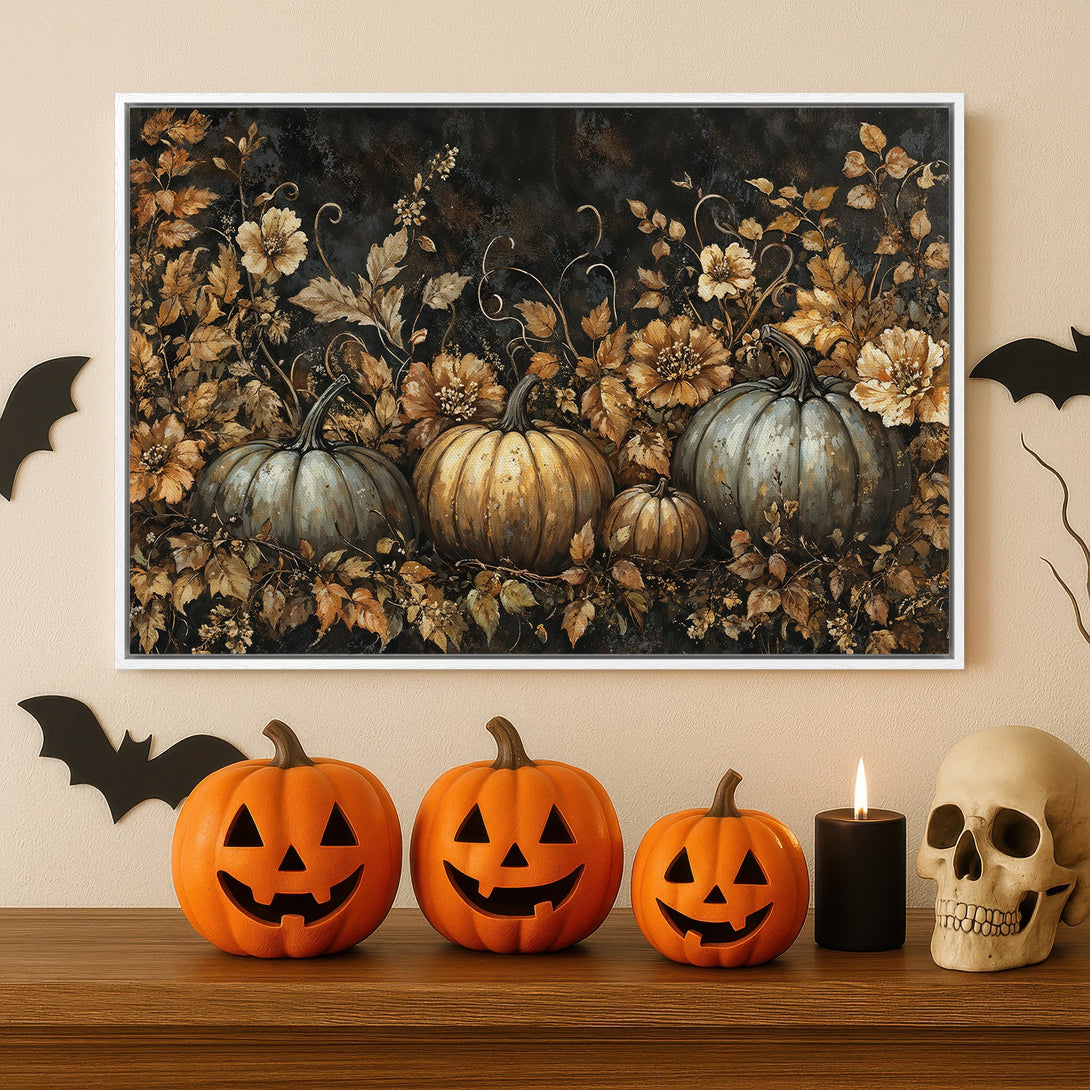 Framed Wall Art: Elegant pumpkin and floral print in warm gold and gray tones. Perfect Halloween decor for your home!