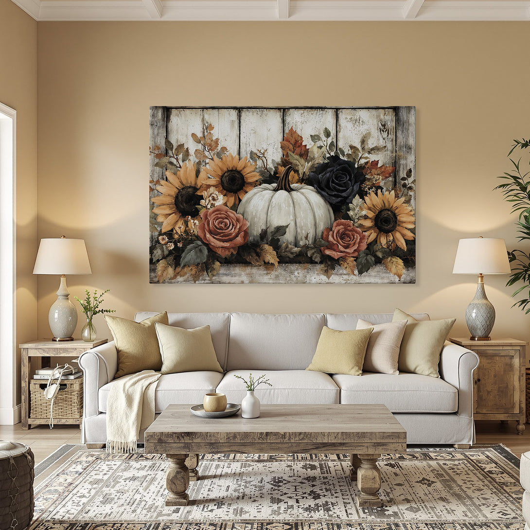 Framed Wall Art featuring a rustic fall floral arrangement with sunflowers, roses, and pumpkin. Warm, earthy tones create a cozy, farmhouse style.