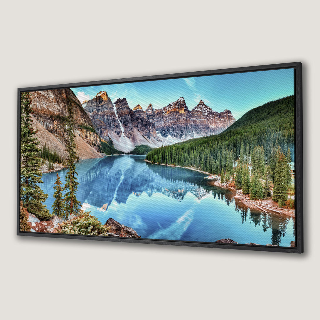 Framed Wall Art Canvas Print of a stunning mountain lake landscape. Features vibrant blues, greens, and earthy tones. Perfect for adding nature's beauty to your home.