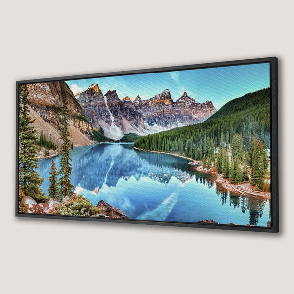 Framed Wall Art Canvas Print of a stunning mountain lake landscape. Features vibrant blues, greens, and earthy tones. Perfect for adding nature's beauty to your home.