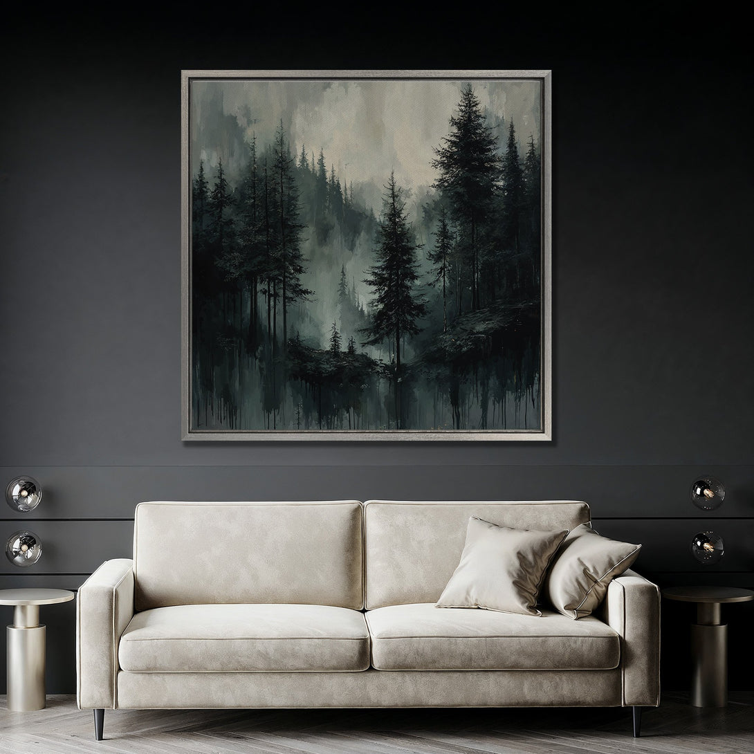 Framed Wall Art: Moody forest scene in dark green and gray tones. Abstract landscape Canvas Print adds a touch of nature to your modern living room.