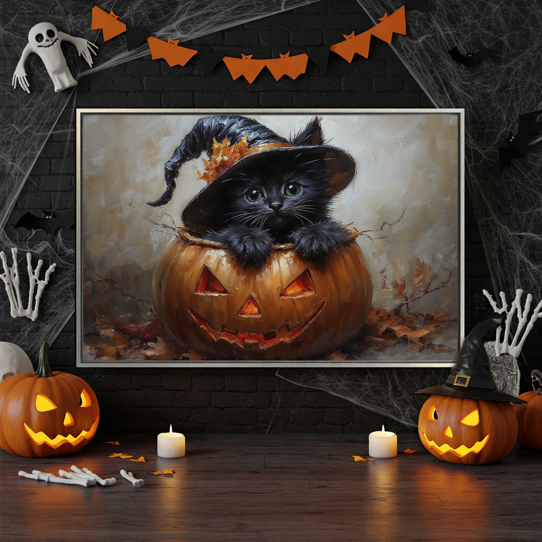Framed Wall Art: Adorable black cat in a witch hat inside a pumpkin. Warm orange and brown tones, perfect Halloween decor. Add spooky charm to your space!