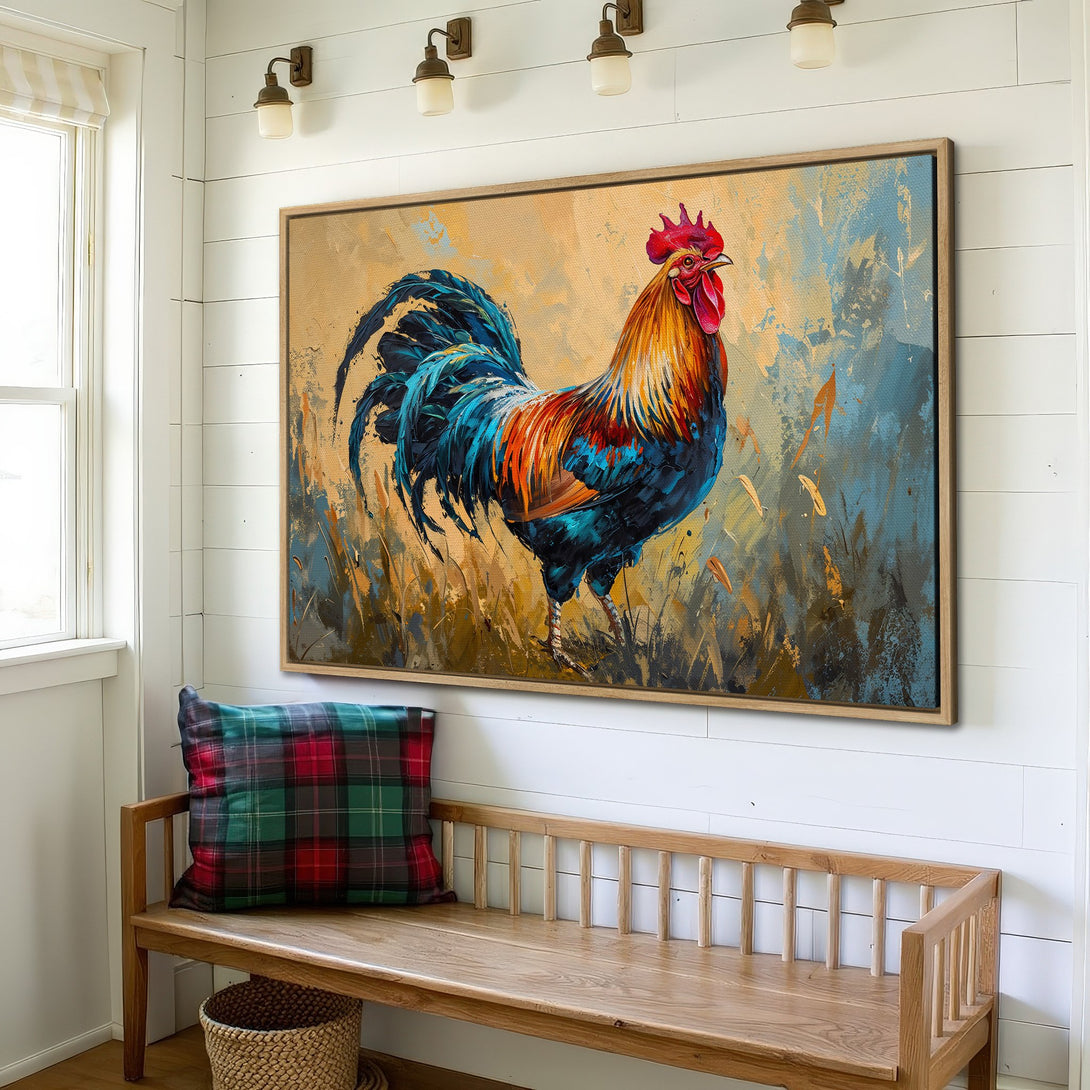 Framed Wall Art: Colorful rooster painting in an impressionistic style. Warm gold, blue, and red tones add rustic charm to any space.