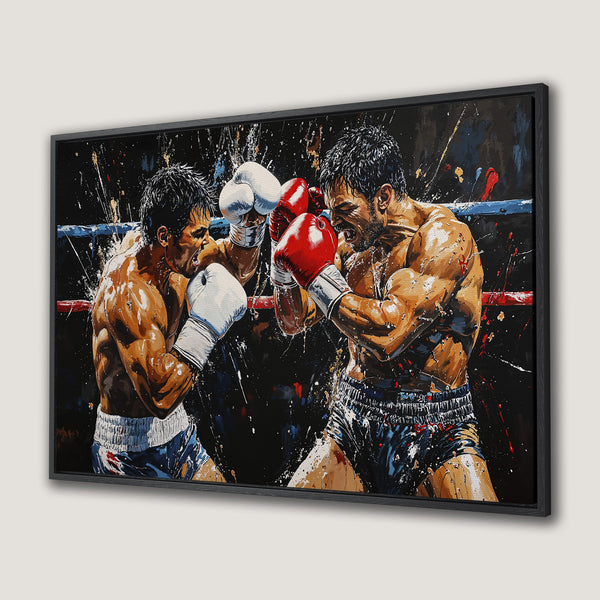 Framed Wall Art: Dynamic boxing match art print in bold colors. Modern style canvas print with red, white, and black palette. Perfect for sports fans!