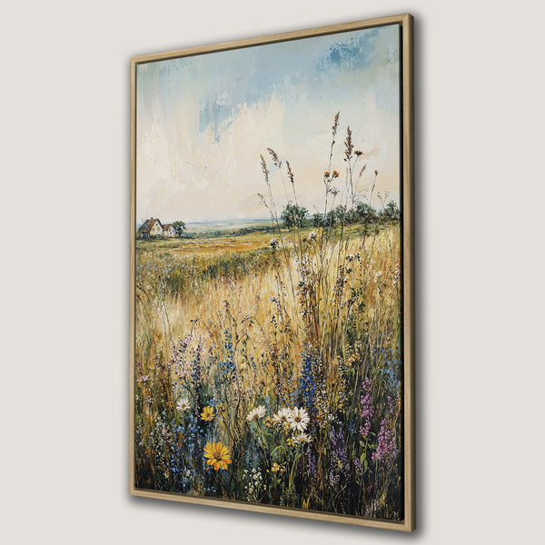 Framed Wall Art: Impressionist landscape Canvas Print featuring a field of wildflowers in warm yellow, blue, and purple tones. Perfect for adding a touch of nature.