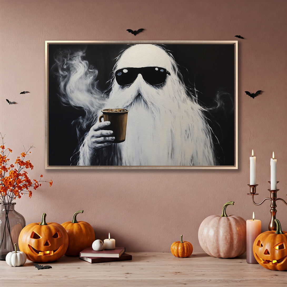Framed Wall Art: Cool ghost enjoying coffee. Black & white art with a touch of Halloween decor. Unique art for your home!