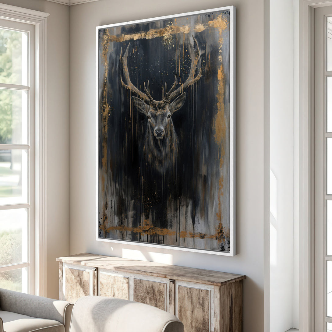 Framed Wall Art featuring a majestic deer in an abstract style, with a striking black, gold, and gray color palette. Perfect for modern home decor.
