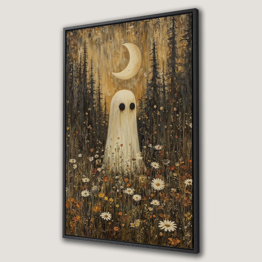 Framed Wall Art: Whimsical ghost painting in a field of wildflowers. Rustic style with warm orange, brown, and cream tones. Perfect for a cozy, unique home decor.