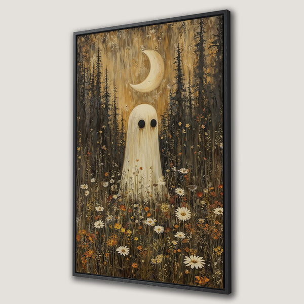 Framed Wall Art: Whimsical ghost painting in a field of wildflowers. Rustic style with warm orange, brown, and cream tones. Perfect for a cozy, unique home decor.