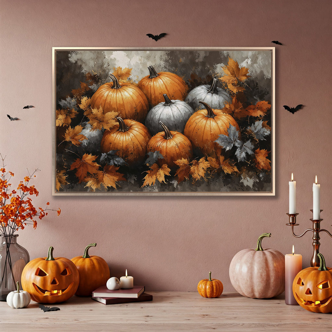 Framed Wall Art: Pumpkin & leaf painting, warm orange & gray tones. Perfect fall decor for your home. Shop now!