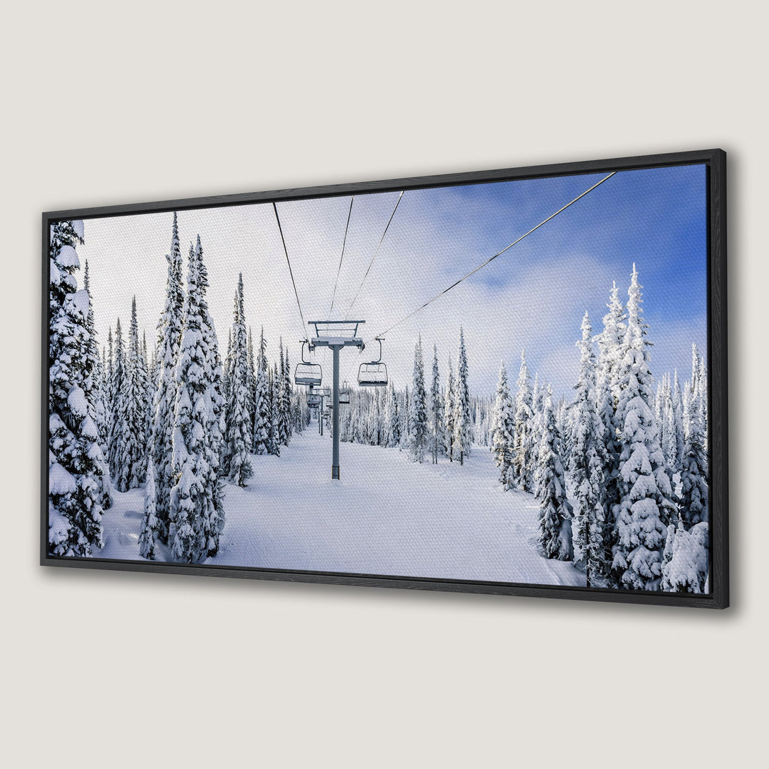 Framed Wall Art: Winter ski resort scene with snow-covered trees and chairlift. Blue sky and white snow palette. Bring the outdoors in!