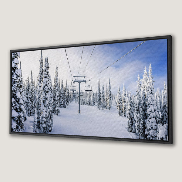 Framed Wall Art: Winter ski resort scene with snow-covered trees and chairlift. Blue sky and white snow palette. Bring the outdoors in!