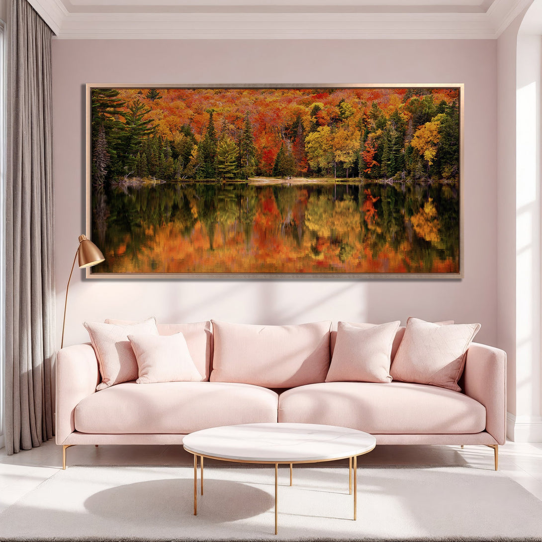 Framed Wall Art: Stunning autumn forest landscape in warm reds, oranges, and greens. Perfect for adding a touch of nature and vibrant color to your living room.
