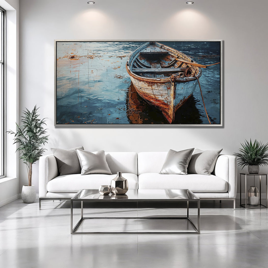 Framed Wall Art: Coastal boat scene in blue and orange tones. Modern Canvas Print adds serene style to any living room. Shop now!