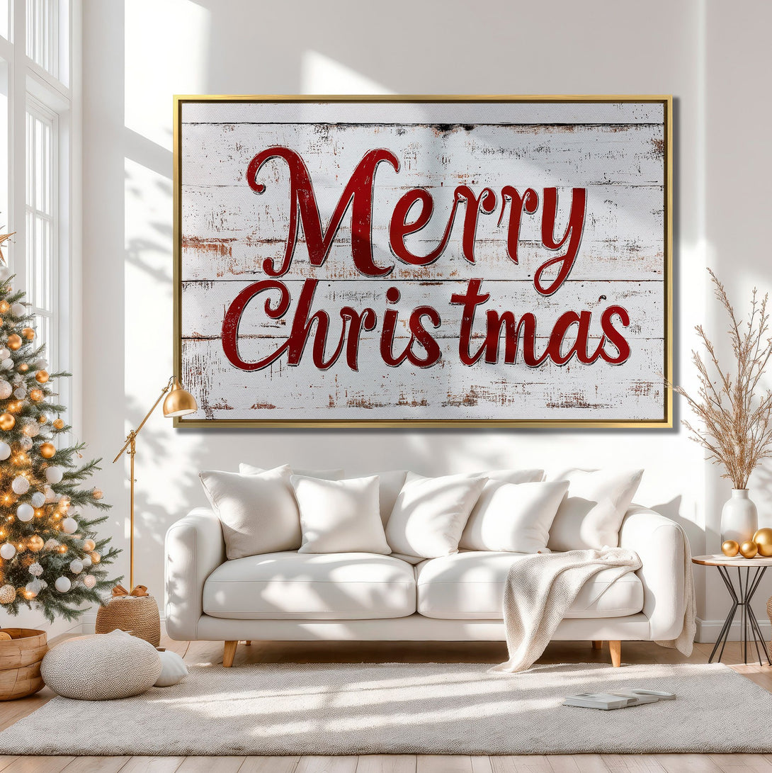 Canvas Print: Rustic "Merry Christmas" sign in red & white, displayed in a cozy, neutral-toned interior. Perfect holiday wall art!