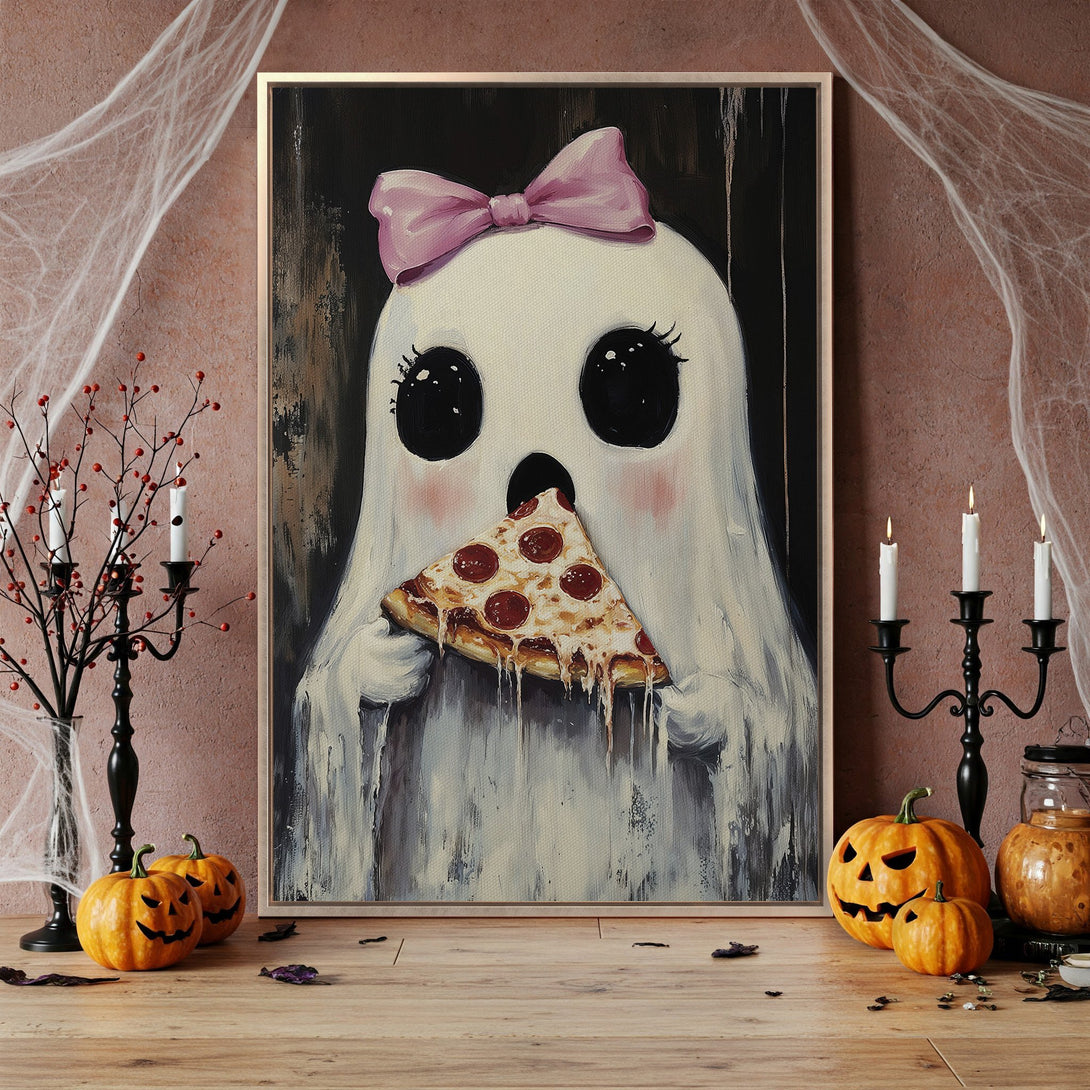 Framed Wall Art: Adorable ghost enjoying pizza! Whimsical Halloween art with a blush pink bow. Perfect for adding spooky fun to your home decor.