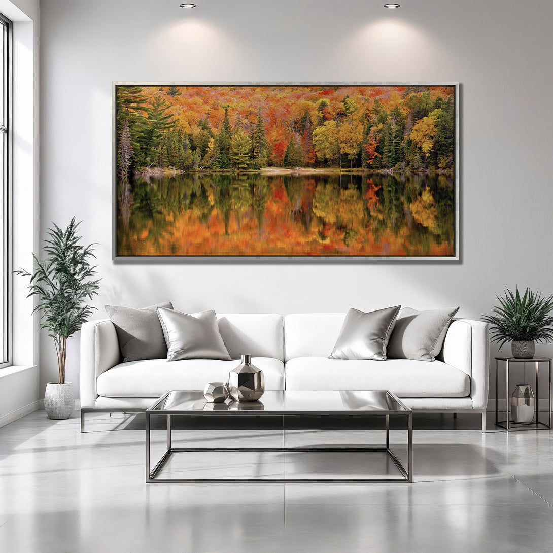 Framed Wall Art: Autumn forest landscape Canvas Print in vibrant orange, yellow, and green, perfect for adding warmth to your living room.
