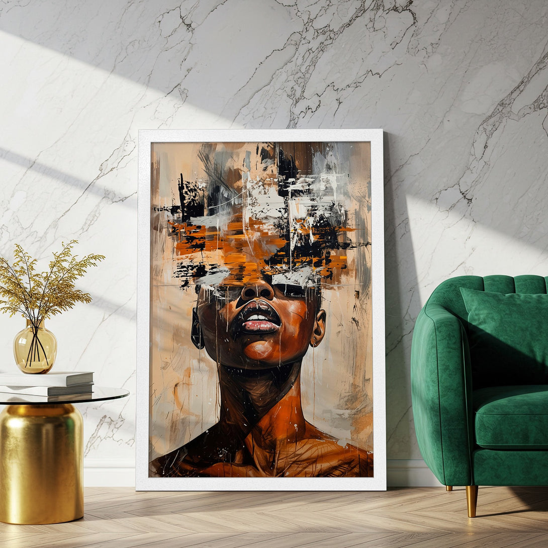 Framed Poster featuring an abstract portrait in warm tones. Modern art style with a neutral and orange palette. Perfect wall decor.