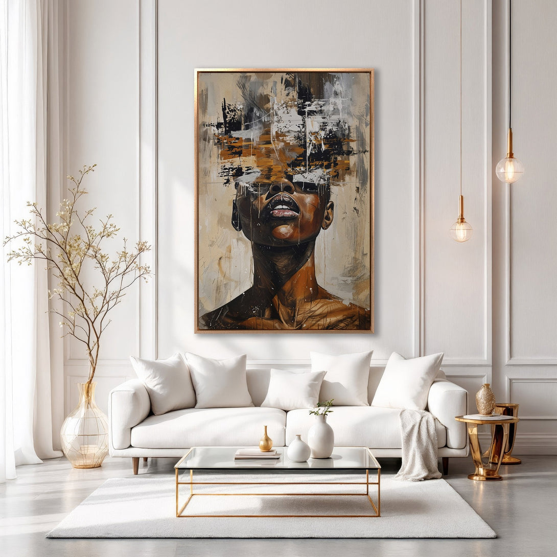 Framed Wall Art: Abstract portrait canvas print in neutral tones. Modern art decor with brown, black, and beige palette, perfect for living room or bedroom.