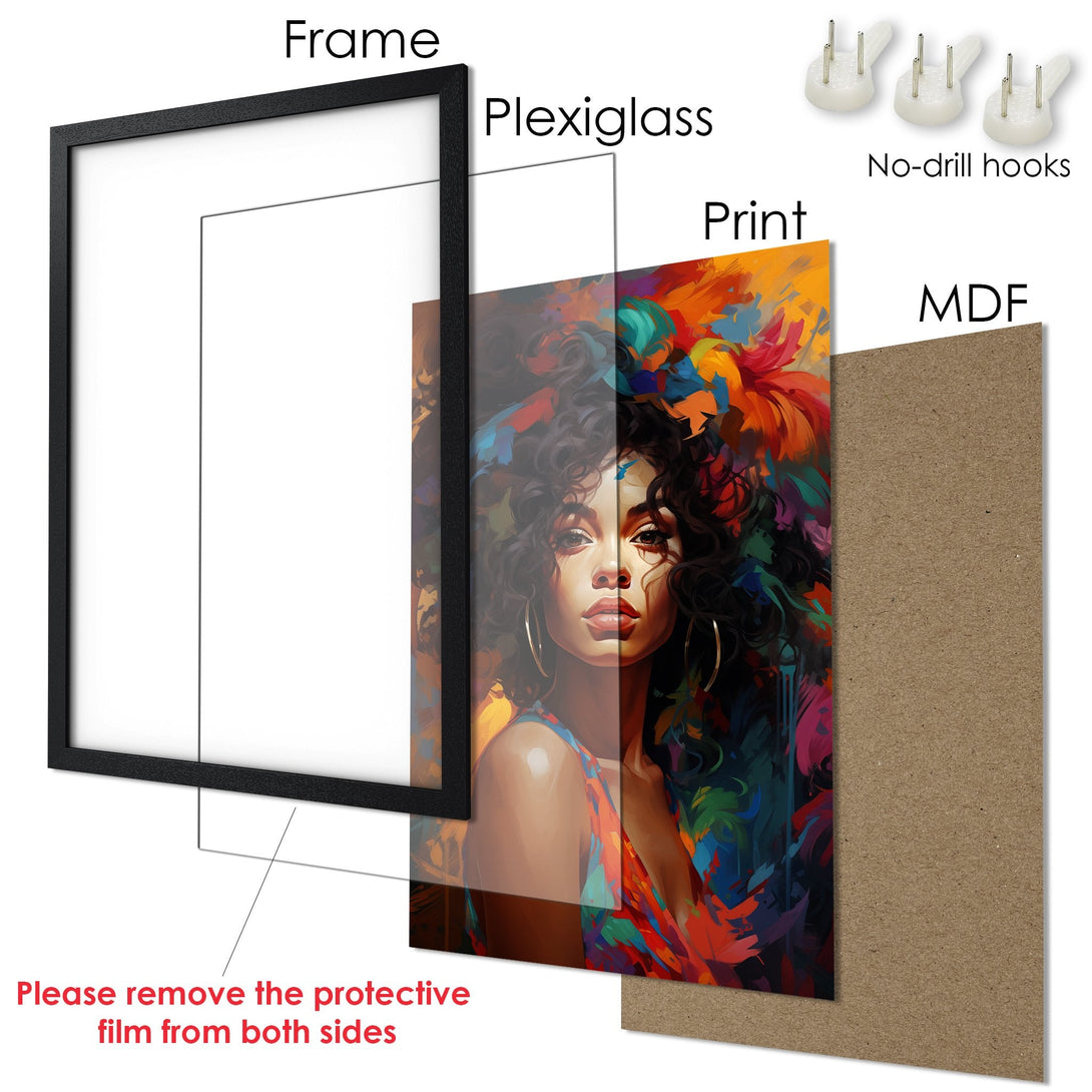 Framed Poster of a woman with colorful abstract art. Vibrant colors and expressive style. Perfect wall art for any room!