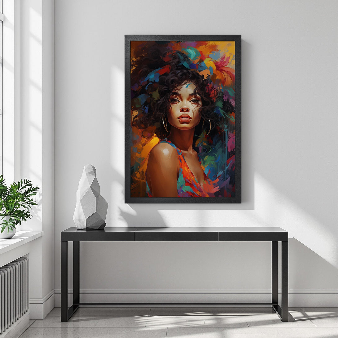 Framed Poster featuring a woman with colorful floral hair, painted in a vibrant, expressive style. Warm, rich color palette. Perfect wall art!