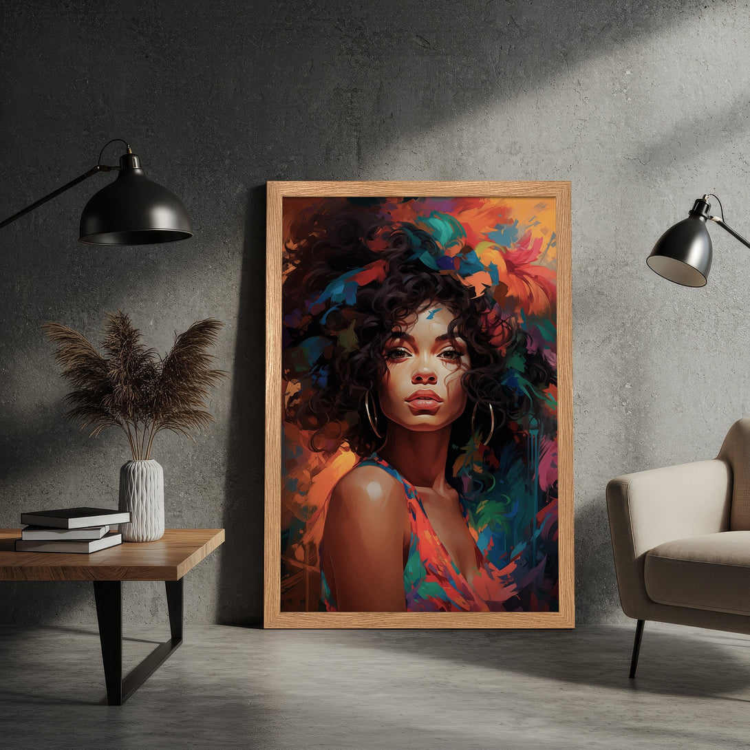 Framed Poster featuring a vibrant portrait of a woman. Bold, colorful artwork with an abstract style. Rich orange, teal, and red hues.