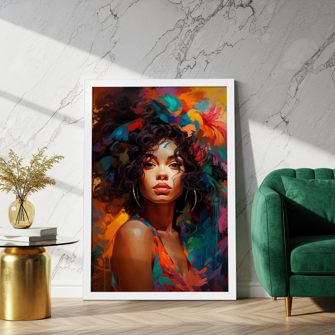 Framed Poster featuring a vibrant portrait of a woman with colorful, abstract details. Bold, warm color palette. Perfect wall art!