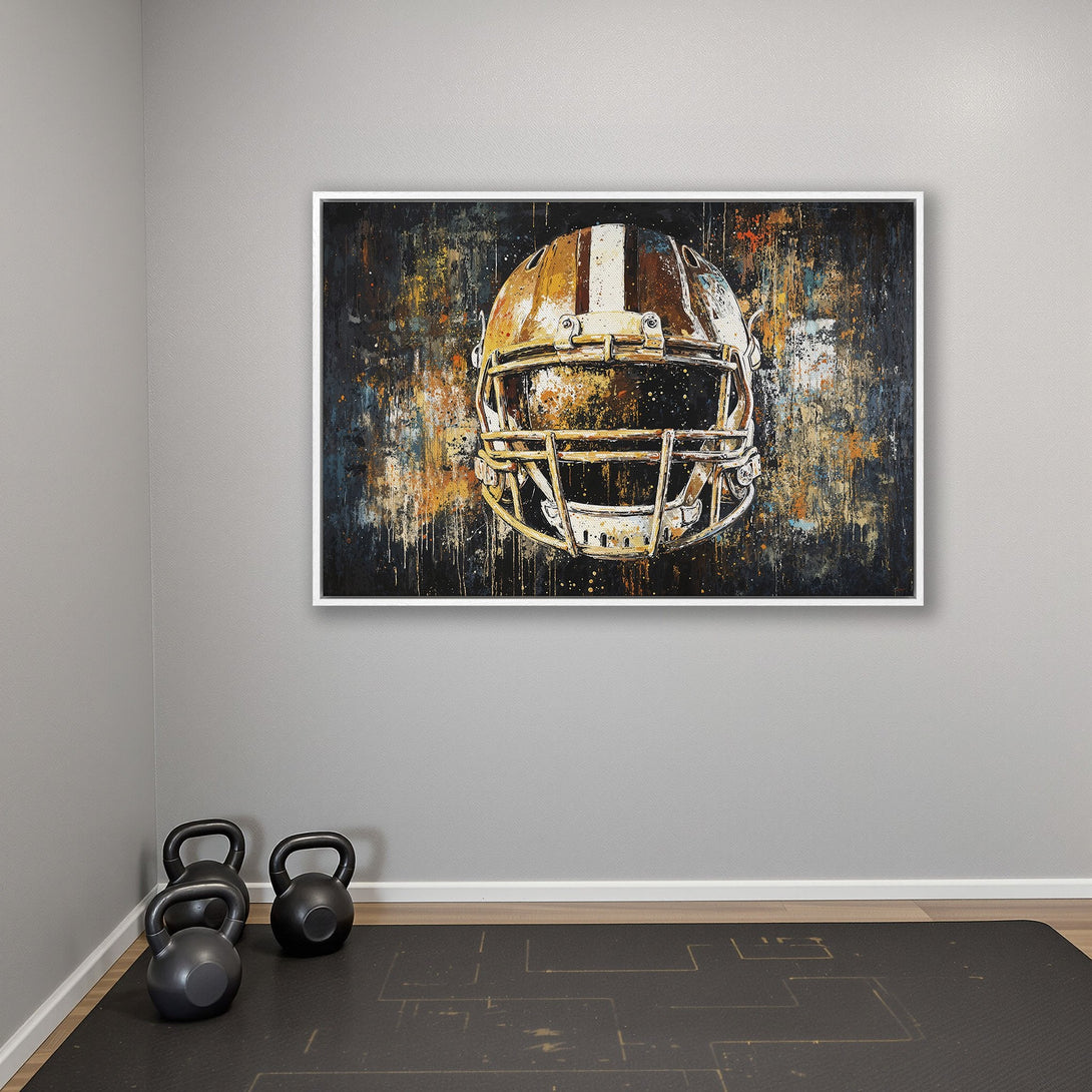 Framed Wall Art: Abstract football helmet canvas print in a modern interior. Features bold orange, white, and blue hues. Perfect sports decor.
