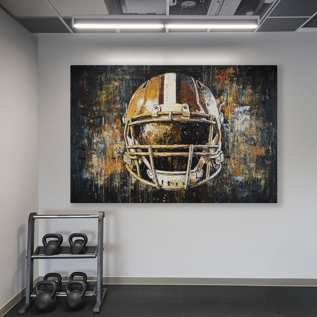 Framed Wall Art: Abstract football helmet in gold, orange, and black. Modern art canvas print adds a bold statement to any space.