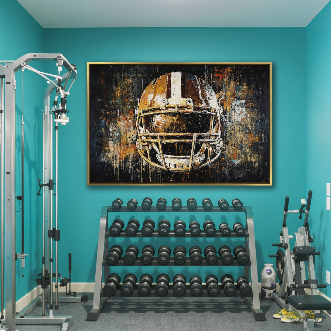 Canvas Print of a football helmet in an abstract style with a warm, earthy color palette. Perfect wall art for sports fans!
