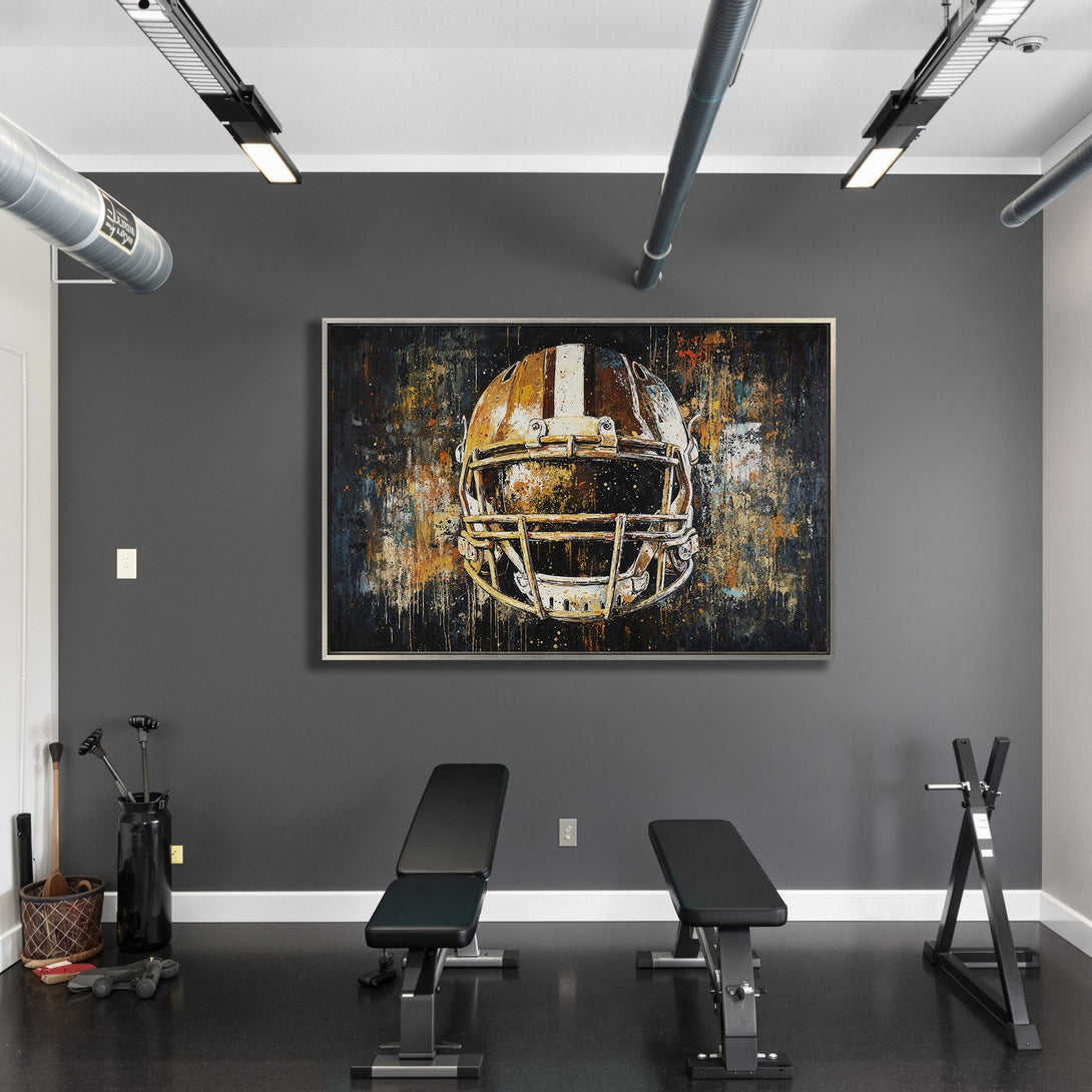 Framed Wall Art: Abstract football helmet in a modern style. Features a bold, colorful palette of gold, orange, and blue. Perfect for a sports-themed space.