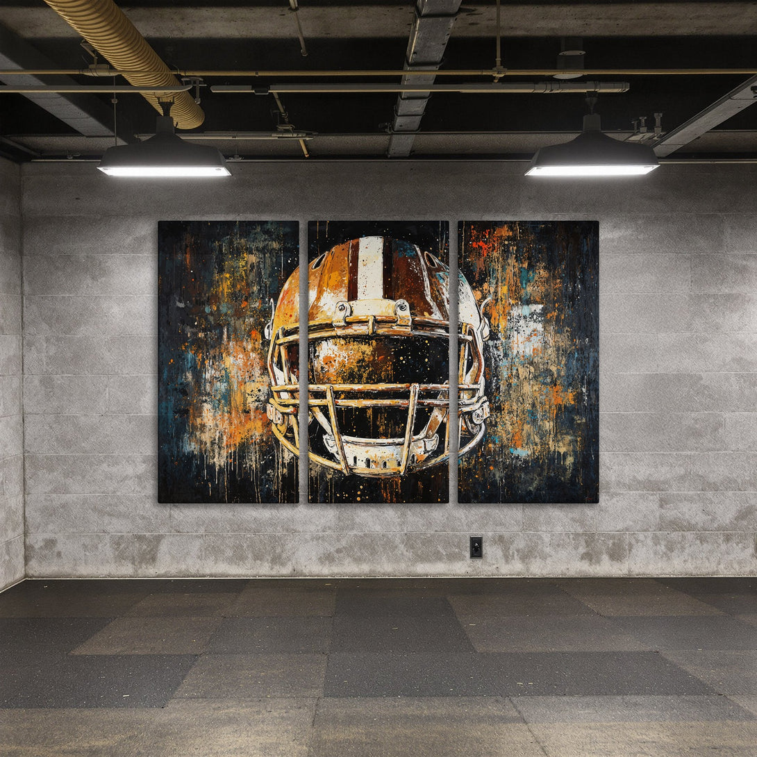 Canvas Print featuring a football helmet in a bold, abstract style with a warm, earthy color palette. Perfect wall art for sports fans!