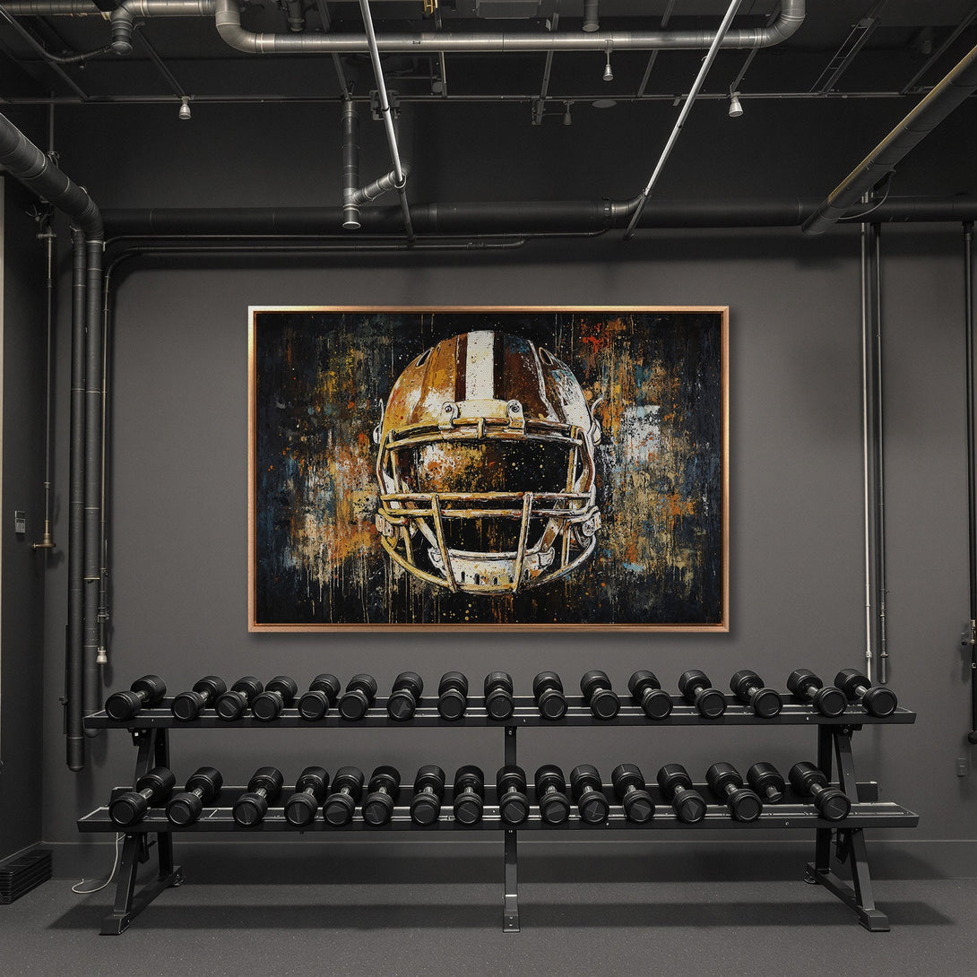 Framed Wall Art: Abstract football helmet print with a modern, grunge style. Warm, earthy tones of orange, brown, and gold against a dark background. Perfect for a gym.