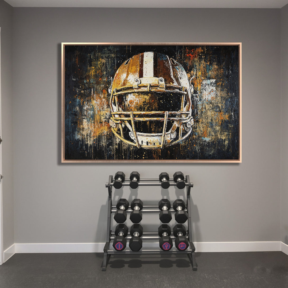 Framed Wall Art: Abstract football helmet in a modern style. Features a bold color palette of orange, white, and black. Perfect for a gym or sports room.