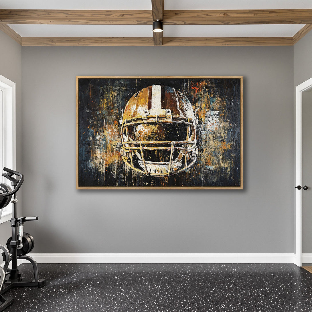 Framed Wall Art: Abstract football helmet art in a modern interior. Features a bold, textured style with a warm, earthy color palette.