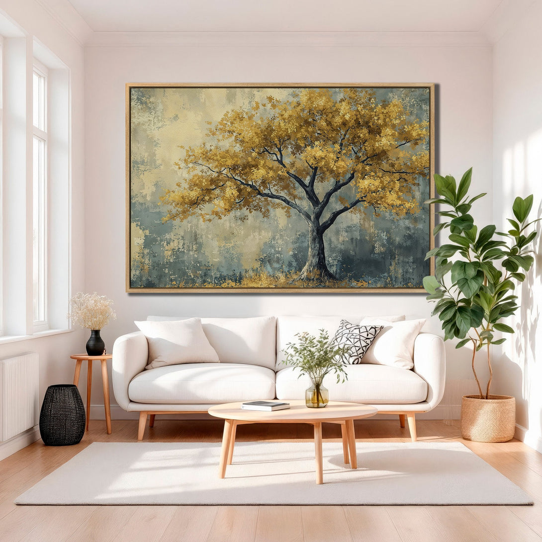 Framed Wall Art: Golden tree painting in a modern living room. Earthy tones and abstract style create a calming atmosphere. Perfect for home decor.