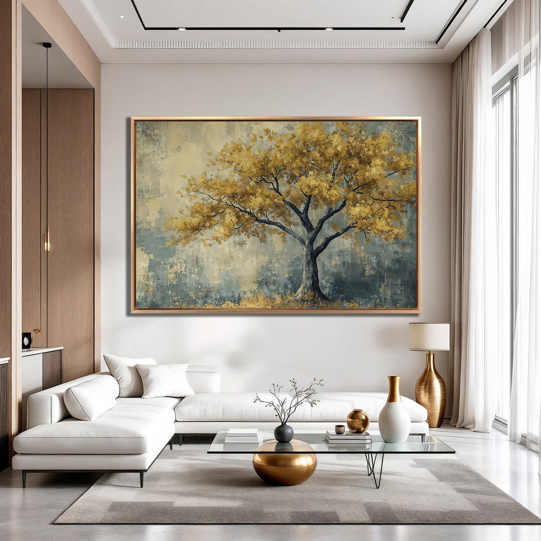 Framed Wall Art: Golden tree painting in a modern living room. Earthy tones of gold, gray, and beige create a serene and stylish atmosphere.