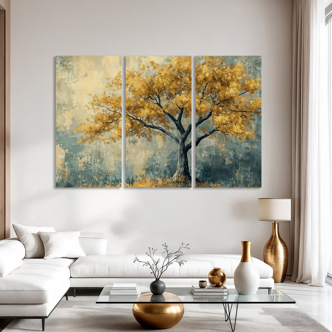 Canvas Print of a golden tree painting, perfect for adding warmth and style to any living room. Features a teal and gold color palette.