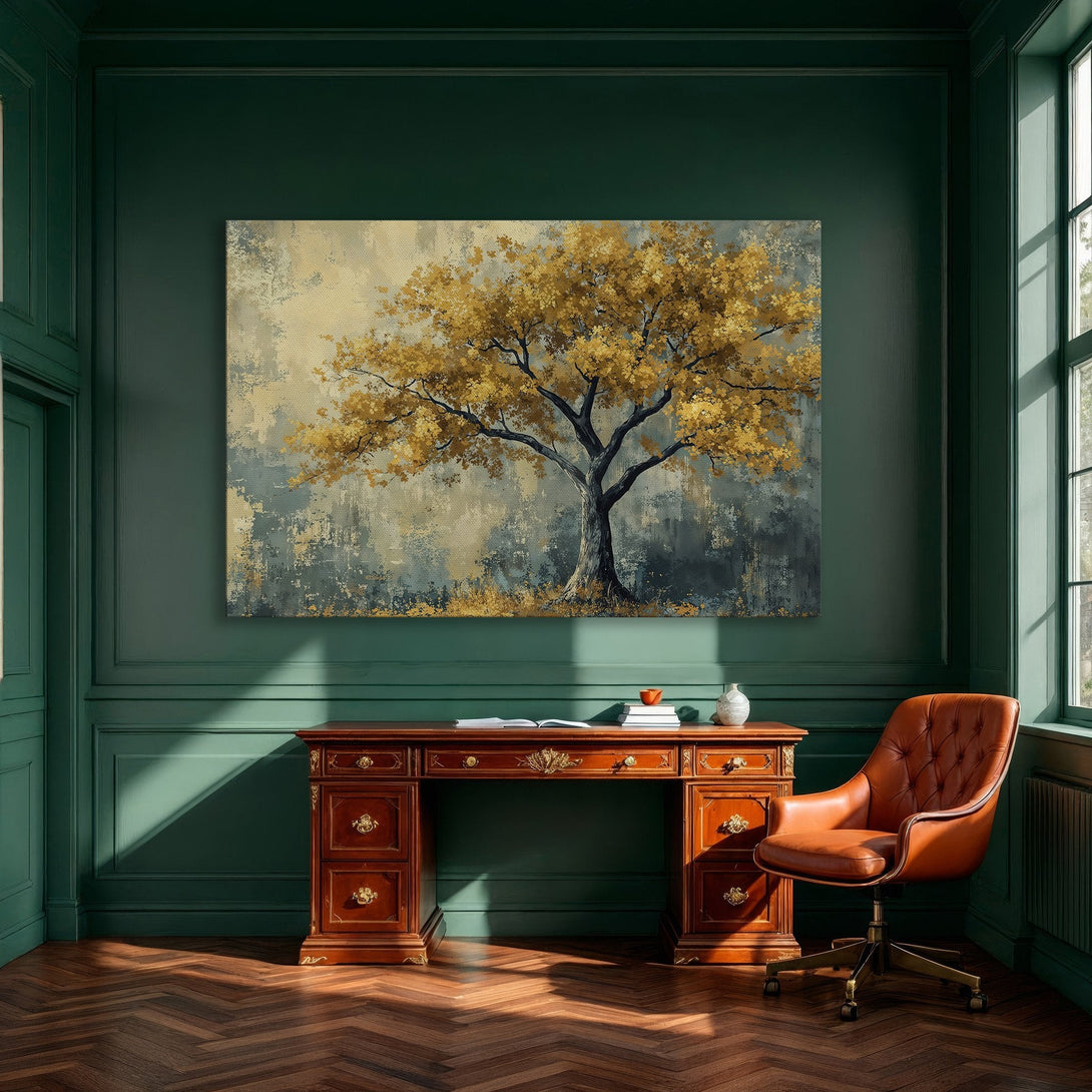 Framed Wall Art: Golden tree canvas print in a modern dining room. Features a warm, autumnal color palette with gold and teal accents.