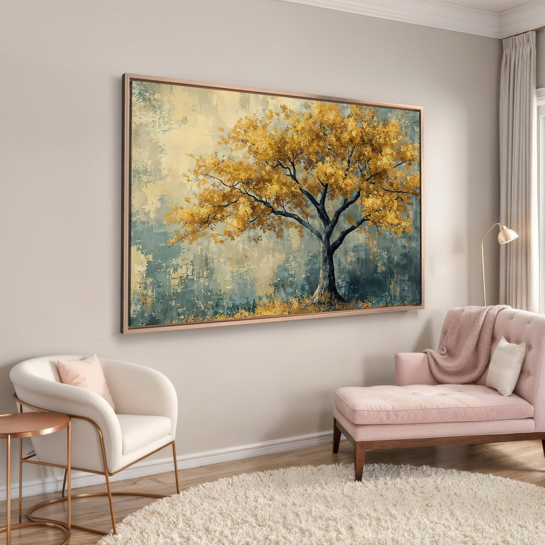 Framed Wall Art featuring a golden tree painting, displayed in a stylish interior. Earthy tones of gold, teal, and beige create a calming aesthetic.