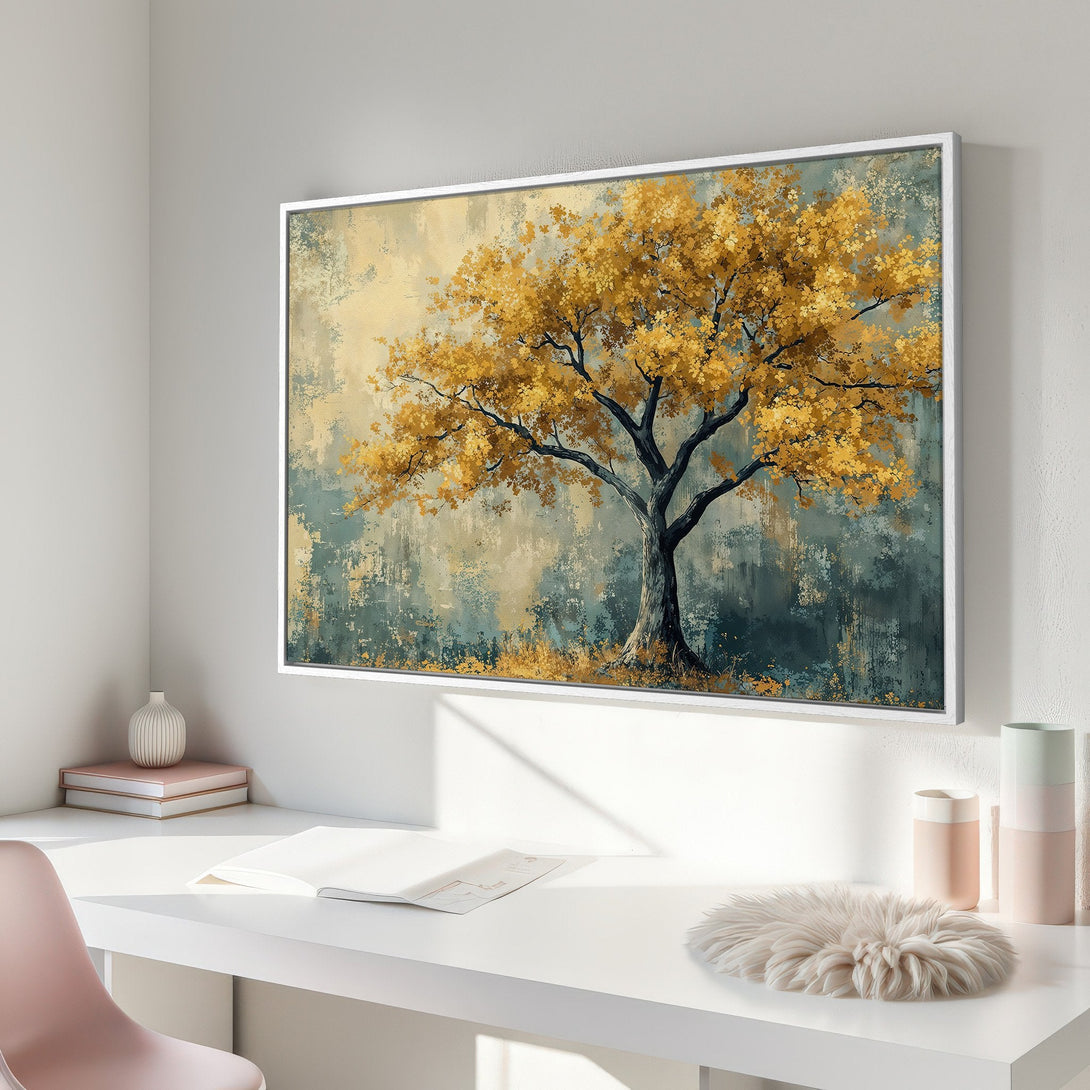 Framed Wall Art: Abstract tree painting in gold and teal hues. Modern canvas print adds warmth and style to any interior decor.