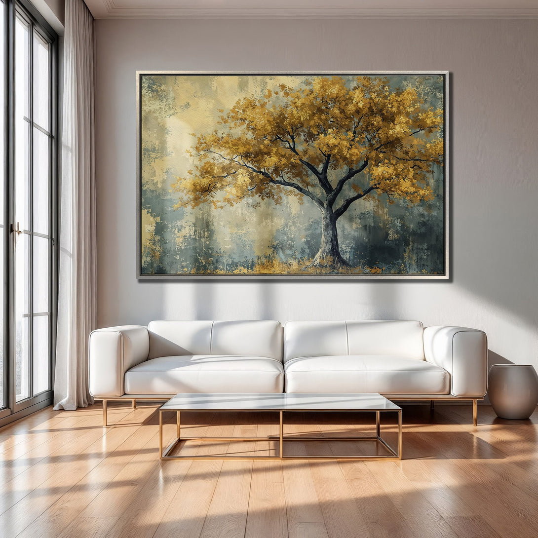 Framed Wall Art: Abstract tree art in gold and teal. Modern canvas print adds warmth and style to living room decor.