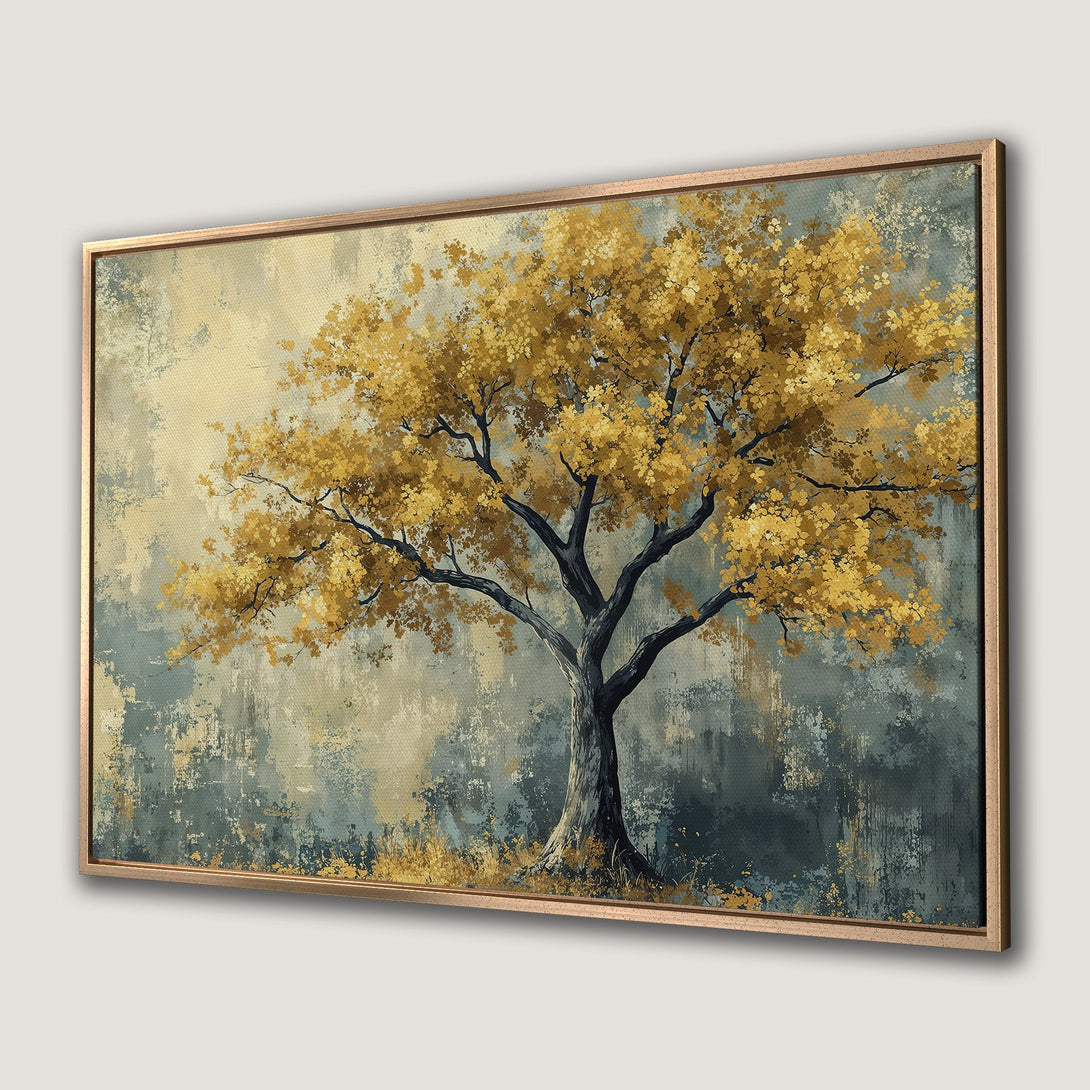 Framed Wall Art of a golden tree in an abstract style. Earthy tones of gold, gray, and blue create a calming, elegant aesthetic.